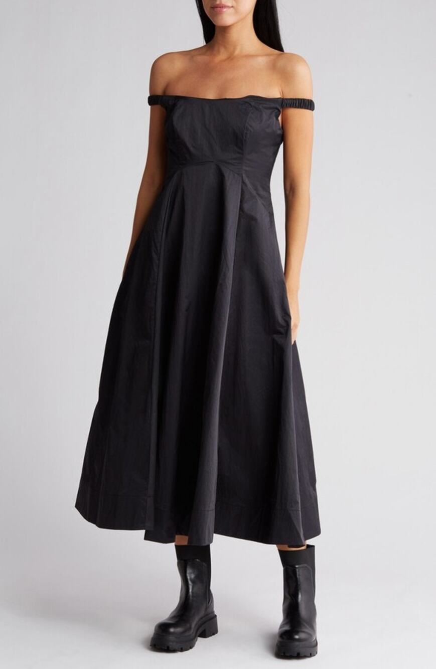 New Free People Alinda Dress $228 SIZE 0 Black Off-The-Shoulder Midi